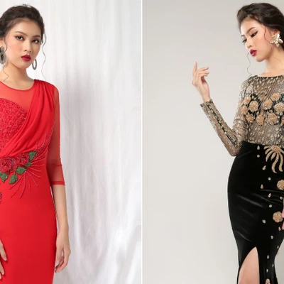 Người mẫu mặc váy ren đỏ và đen