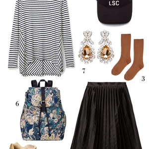 CÁCH PHỐI 1: 1. Áo thun kẻ sọc Banana Republic - 2. Nón Lacoste - 3. Vớ Topshop - 4. Váy Zara - 5. Giày Ecco - 6. Ba lô Accessorize - 7. Hoa tai Miu Miu