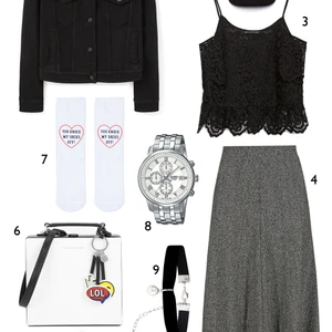 CÁCH PHỐI 2: 1. Áo khoác denim Mango - 2. Nón Lacoste - 3. Áo Zara - 4. Váy Marks & Spencer - 5. Giày Nike - 6. Túi Charles & Keith - 7. Với Topshop - 8. Đồng hồ Casio - 9. Vòng choker Accessorize