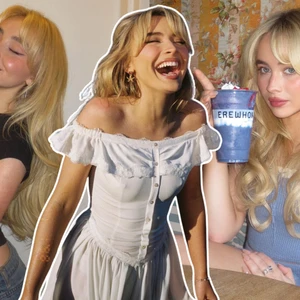Sabrina Carpenter nhuộm tóc màu vàng bạch kim, trang điểm tông hồng đất và tạo dáng cười để chụp ảnh