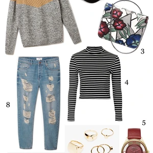 CÁCH PHỐI 2: 1.Áo len Lacoste Live - 2.Nón Mango - 3.Túi Furla - 4.Áo Topshop - 5.Đồng hồ Marc Jacobs - 6.Set nhẫn Mango - 7. Giày NIKE AIR MAX 90 ULTRA ESSENTIAL - 8.Quần jeans Zara