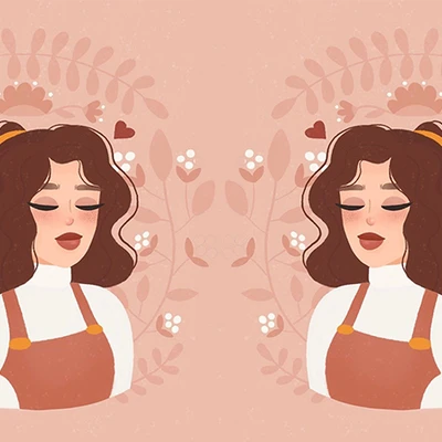 hai cô gái mặc yếm nâu đứng trước những đóa hoa