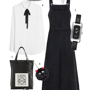 Phối quần yếm cùng áo blouse tông màu trắng đen