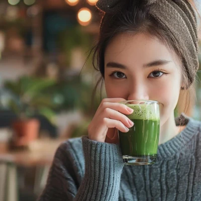 cô gái mặc áo len và uống matcha