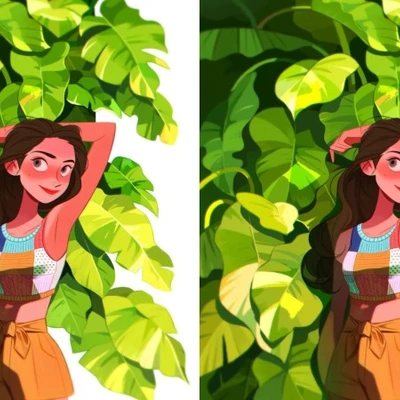 hai cô gái đứng giữa những tán cây xanh