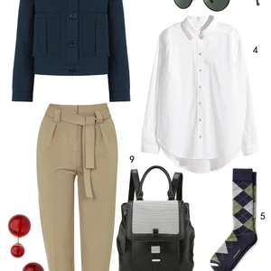 THỨ NĂM: 1 áo khoác Warehouse, 2 nón Accessorize, 3 mắt kính Rayban, 4 áo sơ mi H&M, 5 vớ Banana Republic, 6 giày Ecco, 7 quần Topshop, 8 hoa tai Aldo, 9 ba lô Nine West