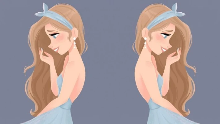 hai cô gái trong chiếc đầm xanh da trời đứng đối lưng nhau
