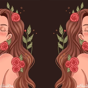 Hai cô gái tóc dài có cài bông đối lưng nhau