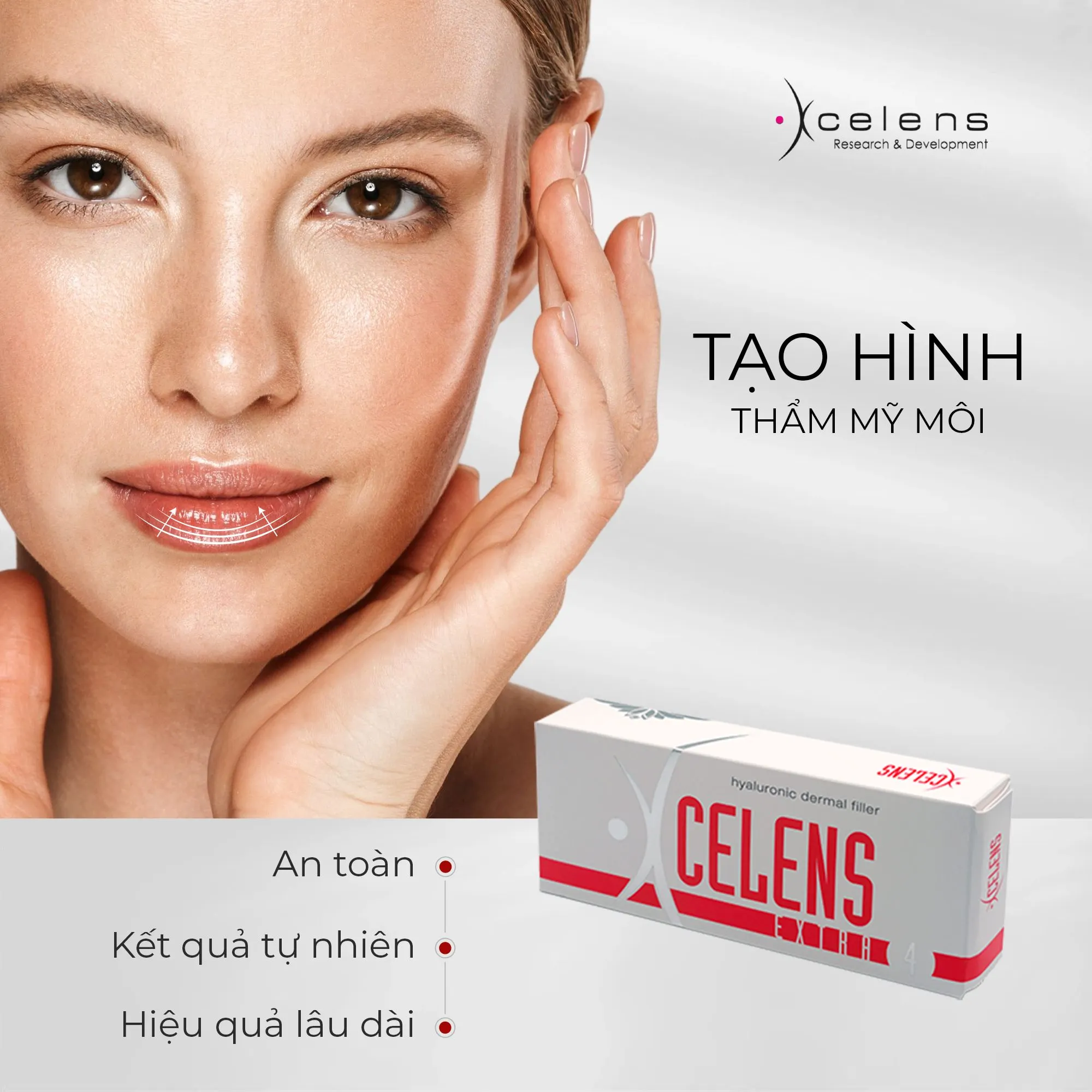 Xcelens Extra 4 hỗ trợ thẩm mỹ môi cho cô gái chạm tay lên thái dương