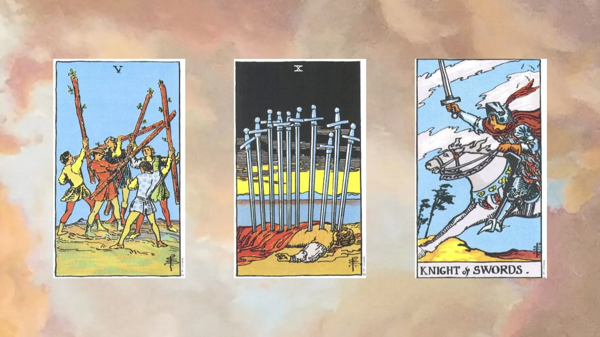 trải bài tarot gồm: Seven of Wands – Ten of Swords – Knight of Wands