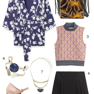 THỨ BẢY: 1 áo khoác Mango, 2 túi Furla, 3 áo H&M, 4 quần shorts, 5 giày Marni, 6 vòng tay Miss Selfridge, 7 vòng cổ Miss Selfridge