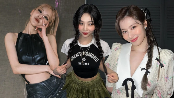 tóc dầu - Rose (BLACKPINK) mặc áo tank top đen, Joy (Red Velvet) mặc áo baby tee màu đen, Sana (Twice) mặc đầm màu trắng