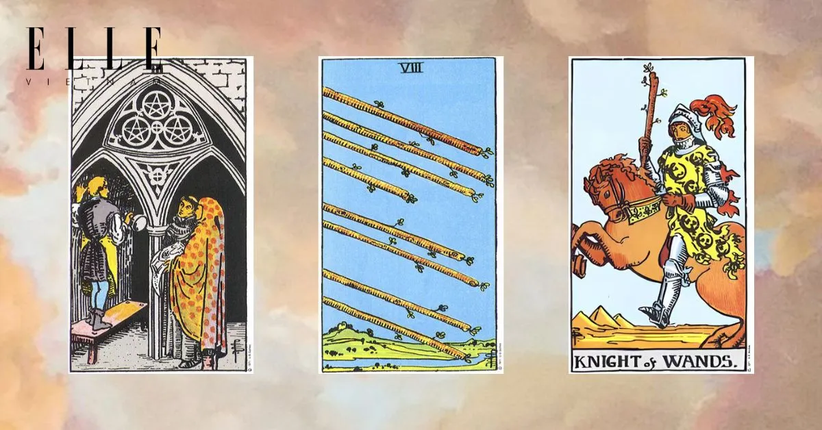 Bạn có các lá bài tarot: Three of Penatcles - Eight of Wands - Knight of Wands