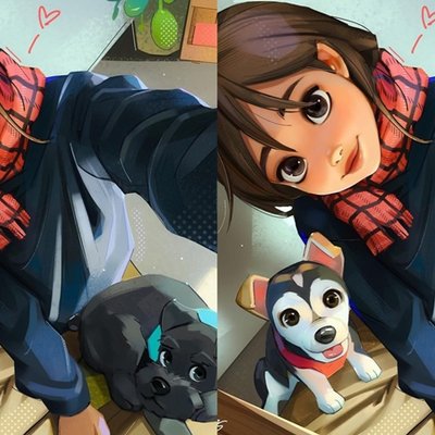 2 cô gái đang selfie cùng 2 chú chó