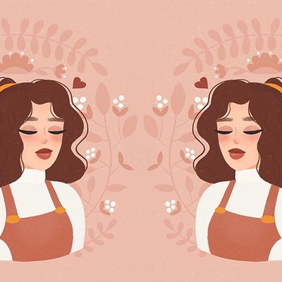 hai cô gái mặc yếm nâu đứng trước những đóa hoa