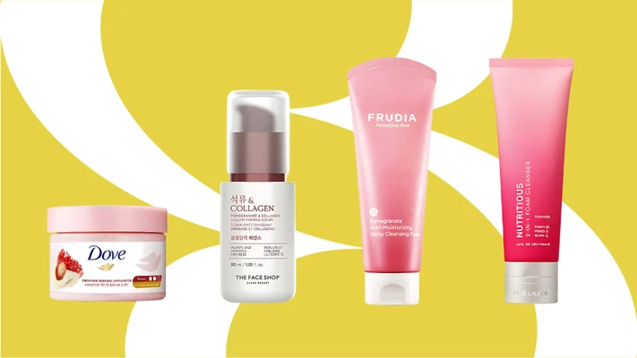 lựu đỏ - hũ tẩy tế bào chết body của Dove, chai serum của The Face Shop và hai tuýp sữa rửa mặt màu hồng của Frudia và Estee Lauder