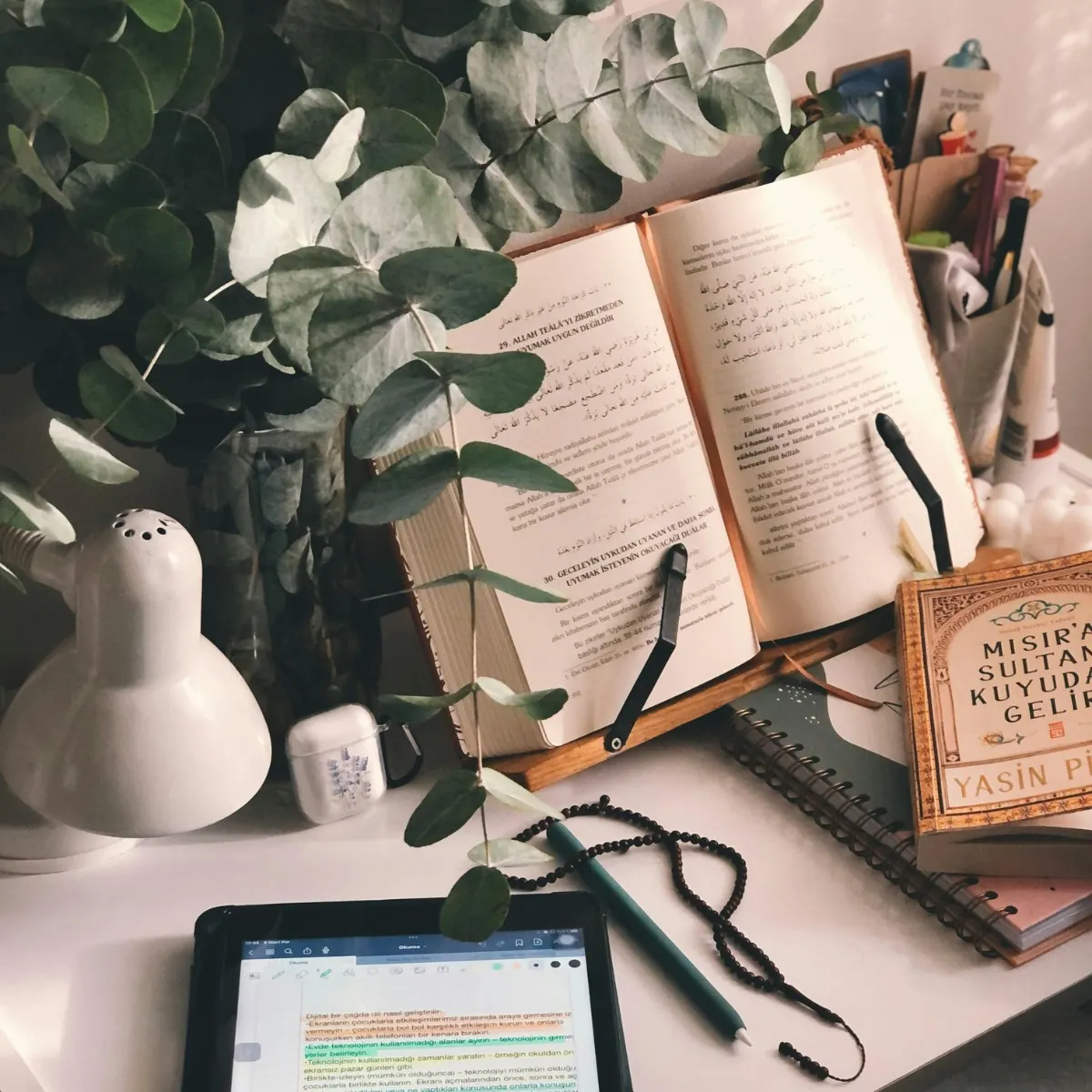 Bàn làm việc bố trí cây xanh và quyển sách