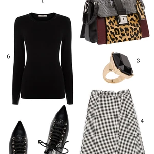 CÁCH PHỐI 2: 1-Mắt kính Fendi, 2-Túi xách Miu Miu, 3-Nhẫn Aldo, 4-Skort Zara, 5-Boots Balenciaga, 6-Áo Oasis.