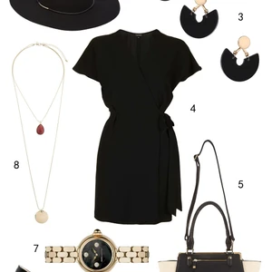 THỨ TƯ: 1 nón Marks & Spencer, 2 mắt kính Topshop, 3 hoa tai Miss Selfridge, 4 đầm Topshop, 5 túi Miss Selfridge, 6 giày Charles & Keith, 7 đồng hồ Marc Jacobs, 8 dây chuyền Miss Selfridge