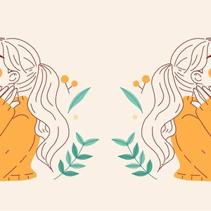 Hai cô gái tóc dài đứng đối lưng nhau giữa nhiều bông hoa