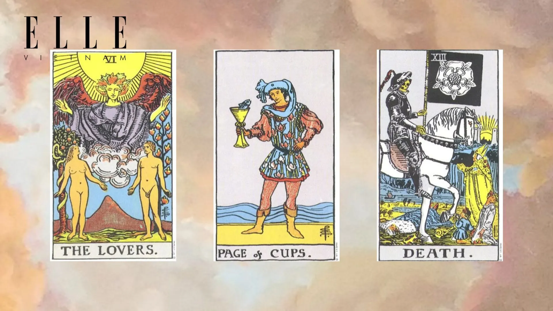 trải bài tarot gồm các lá The Lovers - Page of Cups - Death