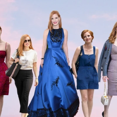 nữ diễn viên Jessica Chastain trong phim X-Men: Dark Phoenix có phpng cách thời trang đa dạng với đầm hai dây hồng, áo phông trắng, quần âu, đầm dạ hội xanh cobalt, jumpsuit xanh hải quân, blazer xám, đầm bodycon kẻ ô