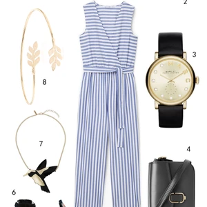 THỨ NĂM: 1 mắt kính Ray-ban, 2 nón Nine West, 3 đồng hồ Marc Jacobs, 4 túi Marc Jacobs, 5 jumpsuit Mango, 6 giày Topshop, 7 vòng cổ Topshop, 8 vòng tay Accessorize