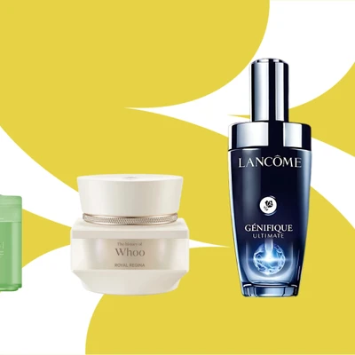 20/10 - hộp toner pad Mediheal, kem dưỡng da Whoo, chai serum màu đen của Lancome và nước hoa của Yves Rocher