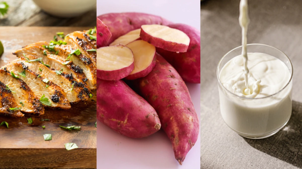 Bữa sáng của Suzy gồm có 1 phần ức gà, 1 củ khoai lang và một cốc sữa ít béo