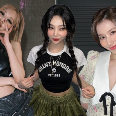 tóc dầu - Rose (BLACKPINK) mặc áo tank top đen, Joy (Red Velvet) mặc áo baby tee màu đen, Sana (Twice) mặc đầm màu trắng