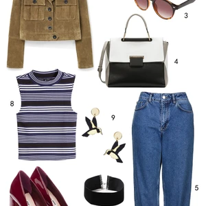 THỨ NĂM: 1 áo khoác Mango, 2 nón Accessorize, 3 mắt kính Accessorize, 4 túi Furla, 5 quần jeans Topshop, 6 vòng cổ choker Topshop, 7 giày Miu Miu, 8 áo H&M, 9 hoa tai Topshop