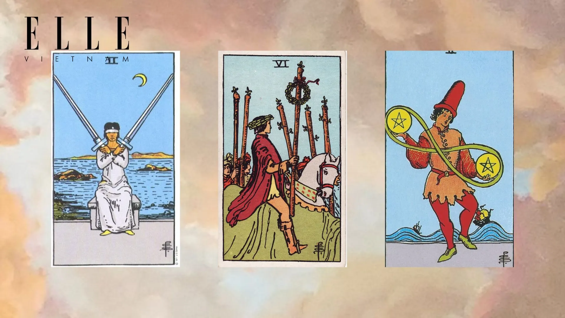 Trải bài tarot gồm Two of Swords - Six of Wands - Two of Pentacles