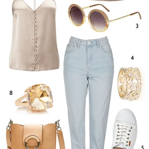 CÁCH PHỐI 6: 1. Áo Miss Selfridge - 2. Nón Warehouse - 3. Mắt kính Topshop - 4. Nhẫn Accessorize - 5. Giày Ecco - 6. Quần jeans Topshop - 7. Túi Banana Republic - 8. Nhẫn Coast