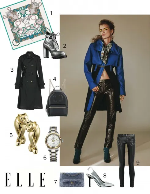 Áo khoác, quần LOUIS VUITTON Khăn TERRY GATES Hoa tai, nhẫn EDDIE BORGO Bốt PAUL ANDREW TEAL Tất HUE 