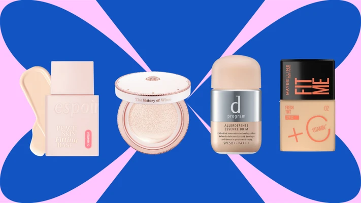 SPF - kem lót Espoir màu hồng, cushion Whoo màu hồng, kem BB dProgram và kem nền Maybelline