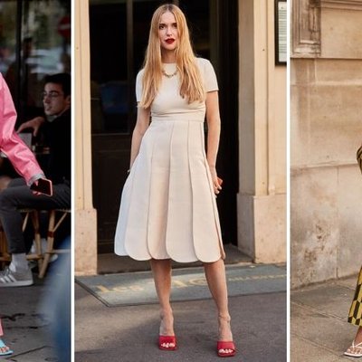 fashionista đi giày mũi vuông trên đường phố