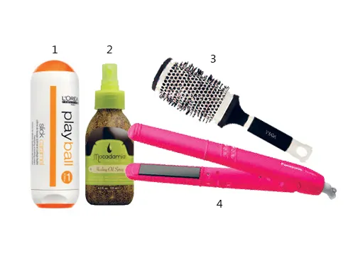 1. Kem giữ nếp cho tóc suôn Play ball L'oréal Professionnel 2. Xịt dưỡng tóc Macadamia Natural Oil 3. Lược tròn tạo kiểu 4. Kẹp thẳng công nghệ Nanoe Panasonic