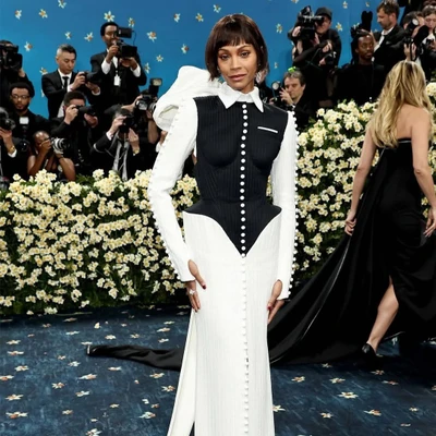 Zoe Saldaña tại Met Gala trong trang phục trắng đen
