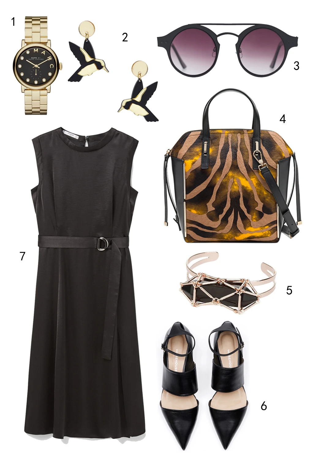 THỨ BẢY: 1 đồng hồ Marc Jacobs, 2 hoa tai Topshop, 3 mắt kính Mango, 4 túi Furla, 5 vòng tay Topshop, 6 giày Warehouse, 7 đầm Mango