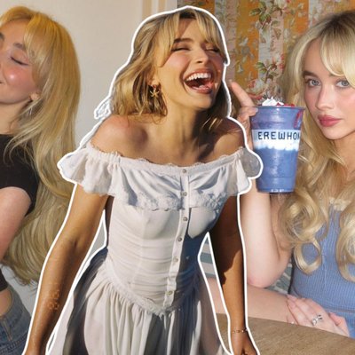 Sabrina Carpenter nhuộm tóc màu vàng bạch kim, trang điểm tông hồng đất và tạo dáng cười để chụp ảnh