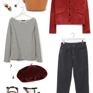 CÁCH PHỐI 7: 1.Vòng cổ choker Mango - 2.Túi Charles & Keith - 3.Áo khoác Zara - 4.Quần jeans Topshop - 5.Giày Tophop - 6.Mũ beret Accessorize - 7.Áo thun Banana Republic