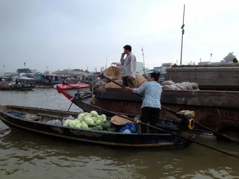 Một ghe hàng bông bán bắp cải và dưa hấu