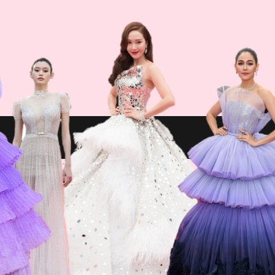 Jessica Jung diện đầm dạ hội ánh kim màu trắng và Chompoo Araya diện đầ dạ hội tím xếp tầng trên thảm đỏ cannes 2019
