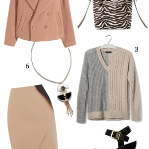 CÁCH PHỐI 1: 1.Áo khoác H&M - 2.Túi Mango - 3.Áo len Banana Republic - 4.Giày Céline - 5.Váy Oasis - 6.Dây chuyền Marks & Spencer