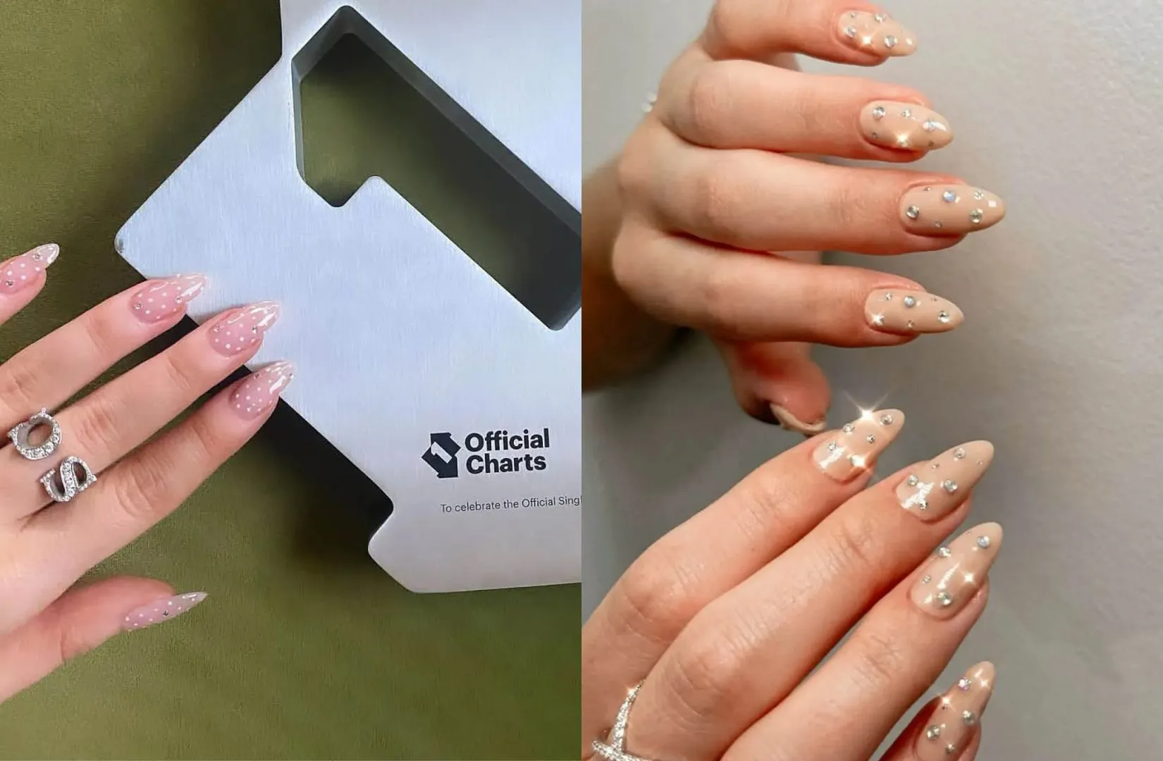 Móng tay polka‑dot + rhinestones (kết hợp pha lê nhỏ)