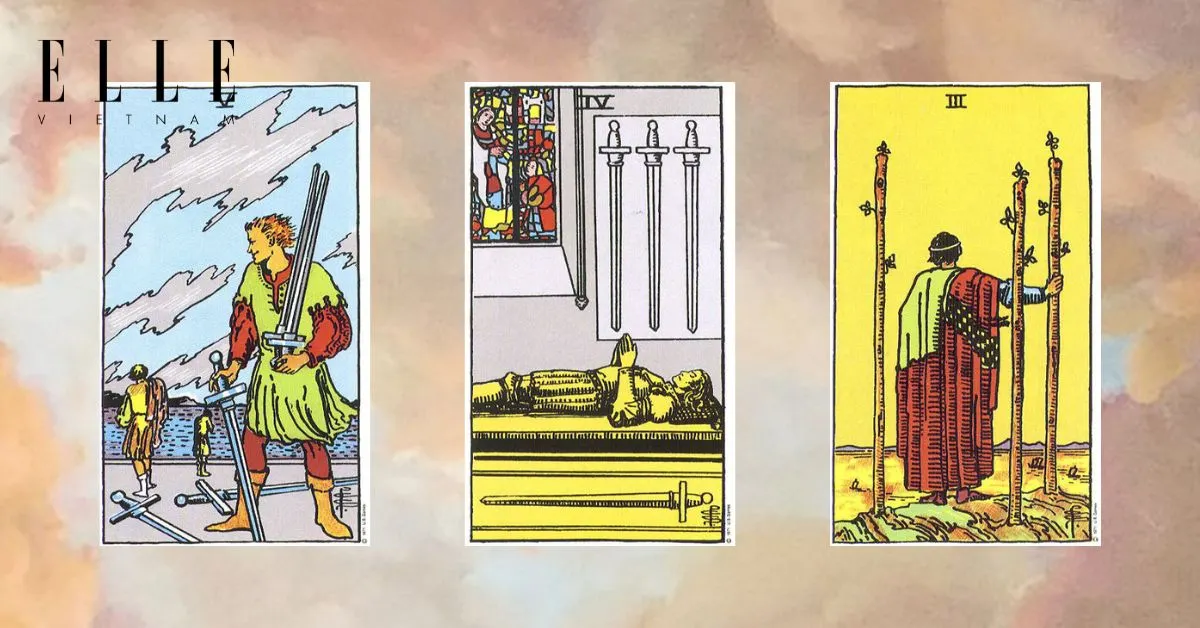 Bạn có các lá bài tarot: Four of Swords - Five of Swords - Three of Wands