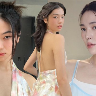 tóc con - cô gái châu Á mặc áo hai dây, tạo kiểu tóc thắt bím và buộc nửa đầu để selfie