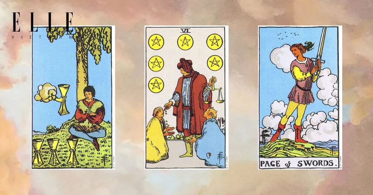 Bạn có các lá bài tarot: Four of Cups - Six of Pentacles - Page of Swords