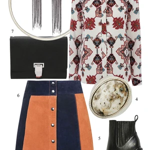 Kết hợp vay midi da lộn cùng áo blouse họa tiết