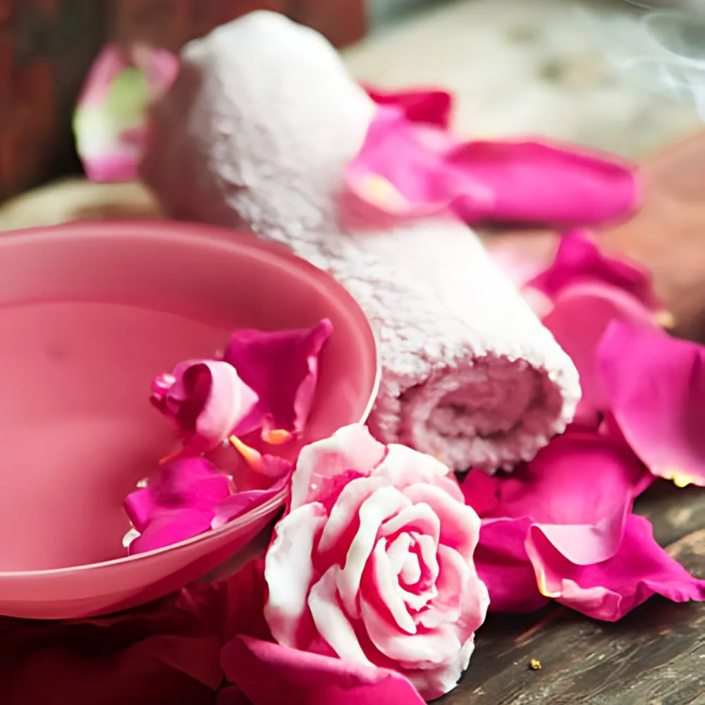 Tô nước, khăn sạch và những cánh hoa hồng